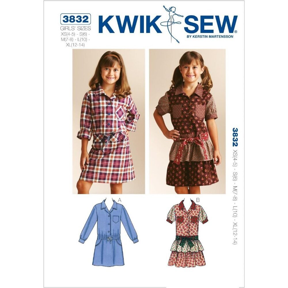 Kwik Sew Girls Dropped Waist Shirt‎ Dresses Sewing Pattern XS-XL